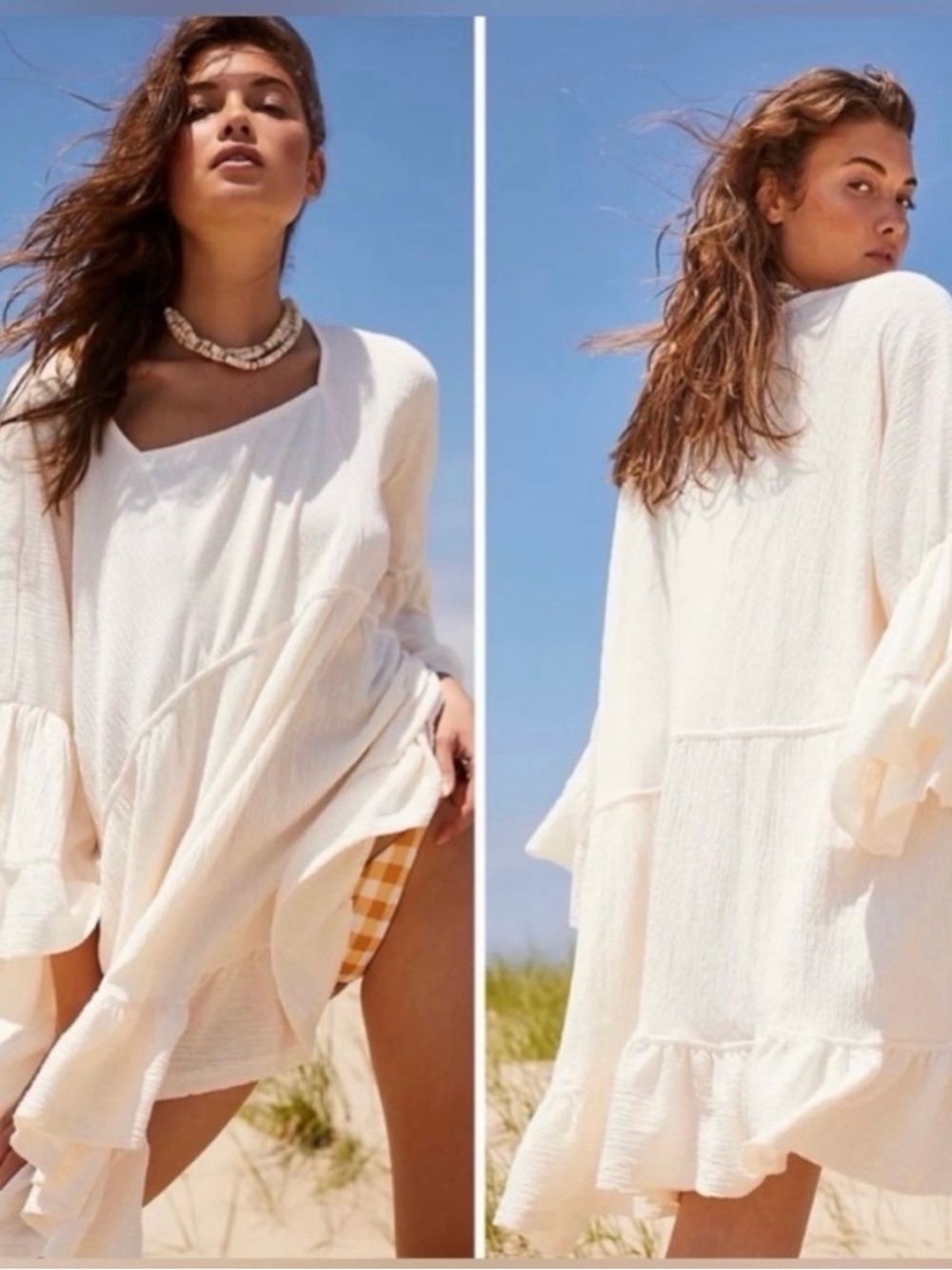 NEW Free People El Mar flowy Cream Asymmetrical Ruffle Beach Dress